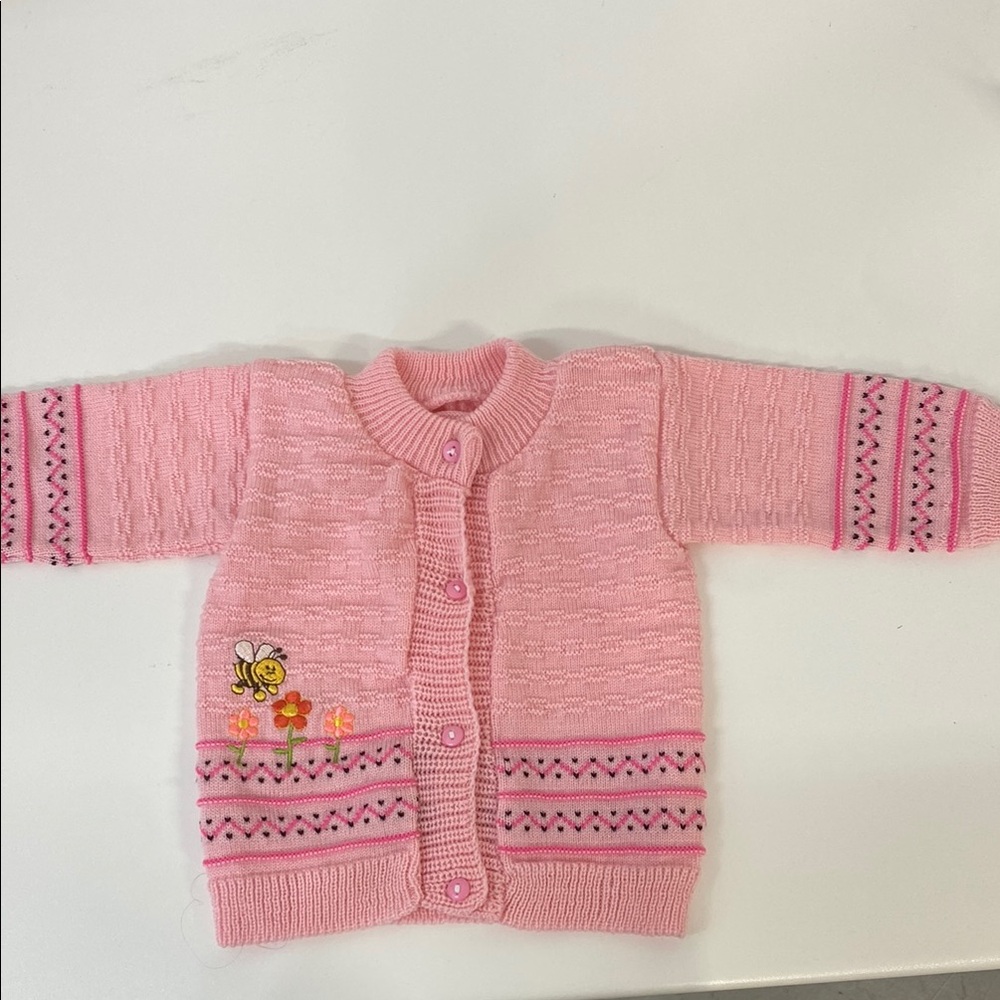 Vintage Pink Baby Cardigan with Embroidered Honey bee and Flowers 6-12 Months?‎